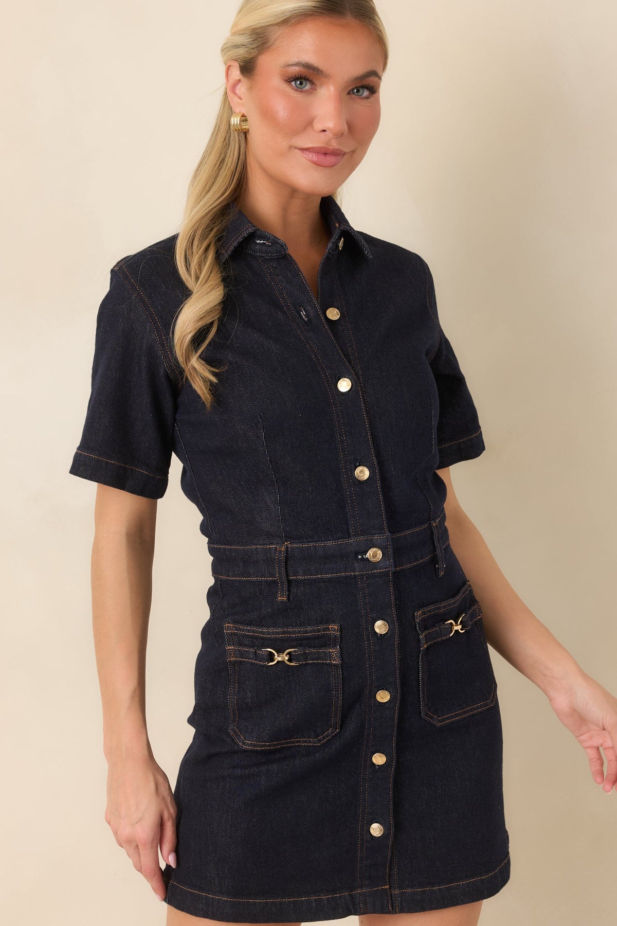 Gece Mavisi Düğmeli Denim Mini Elbise
