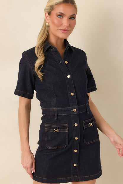 Gece Mavisi Düğmeli Denim Mini Elbise