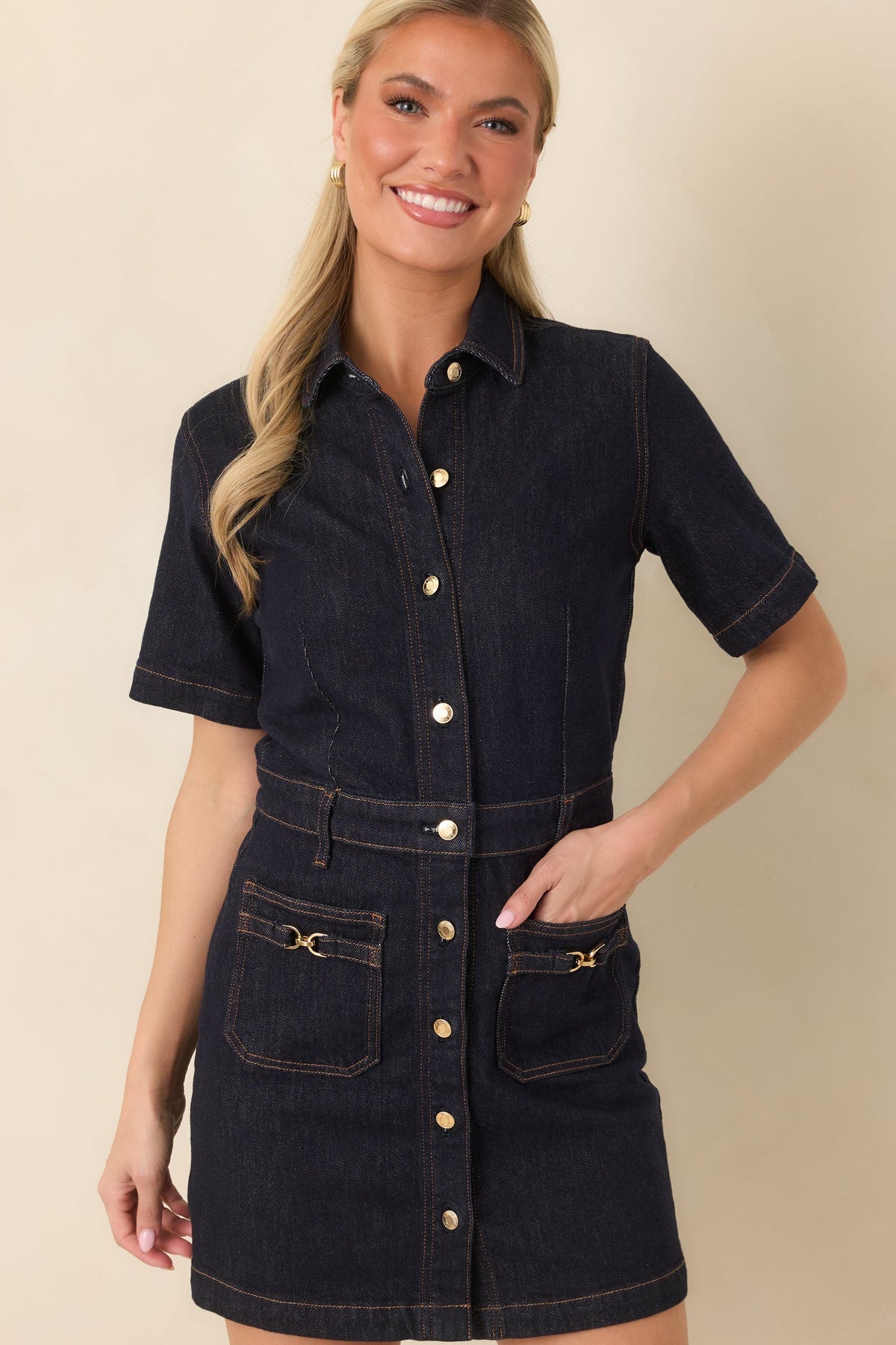 Gece Mavisi Düğmeli Denim Mini Elbise