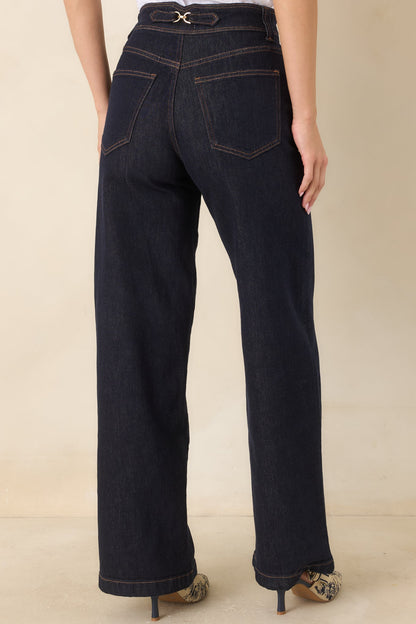 Koyu İndigo Yüksek Bel Bol Paça Denim Pantolon