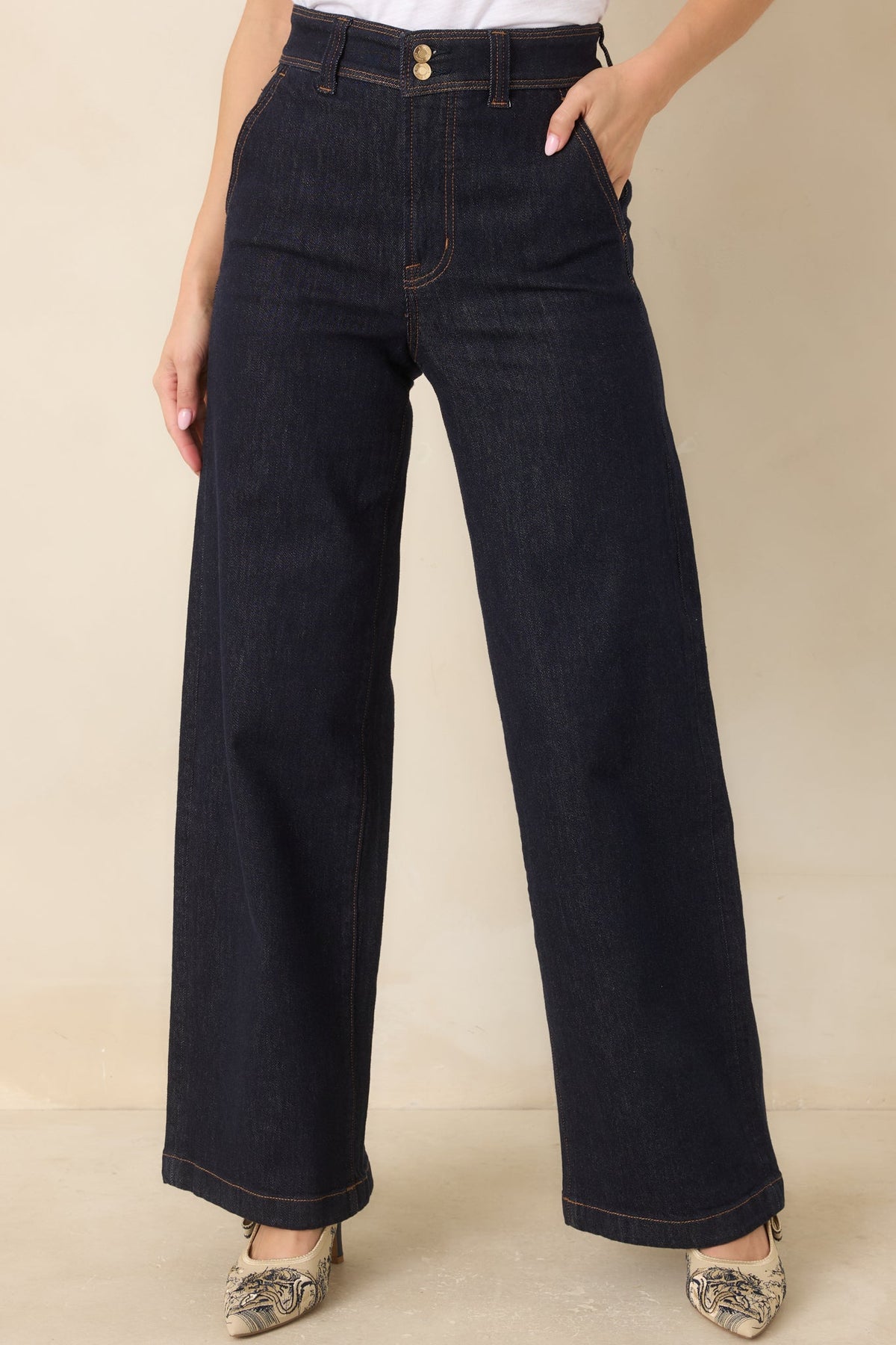 Koyu İndigo Yüksek Bel Bol Paça Denim Pantolon