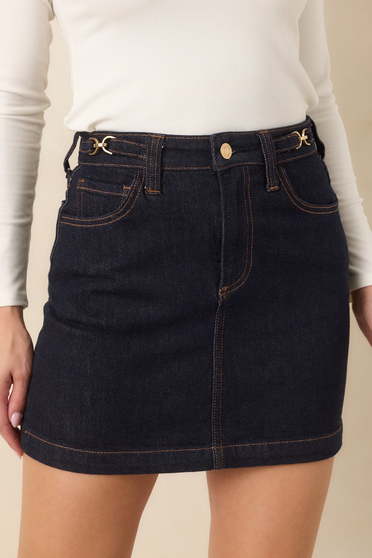 Gece Mavisi Gold Detaylı Denim Mini Etek