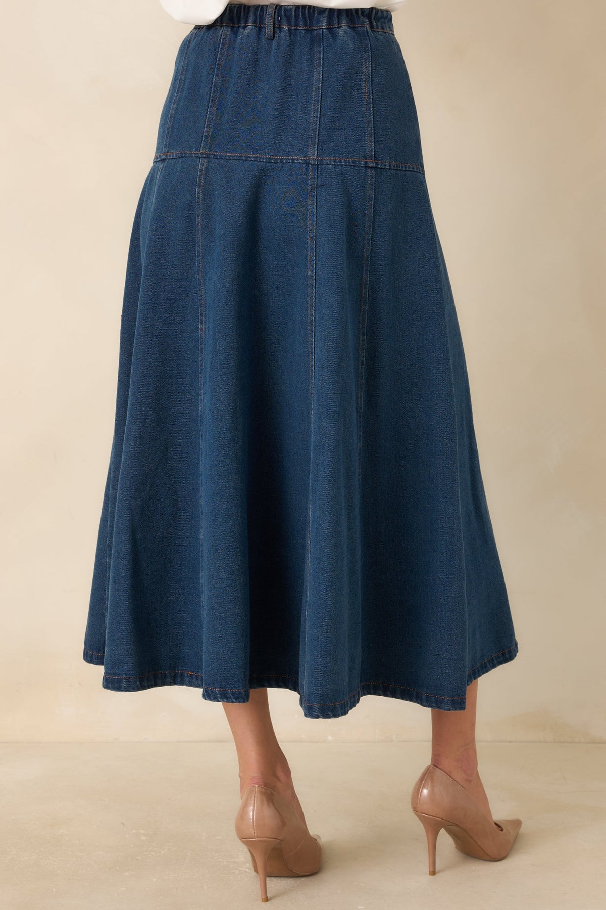 Koyu Mavi Önden Düğmeli Denim Midi Etek
