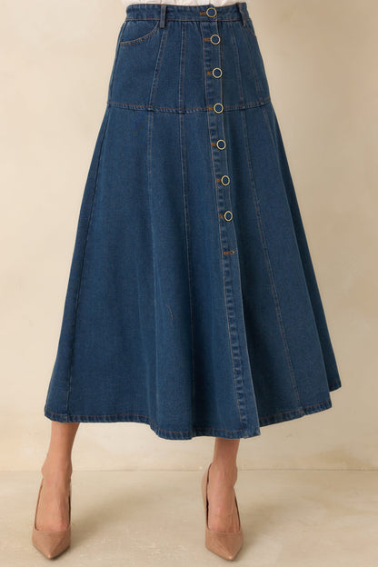 Koyu Mavi Önden Düğmeli Denim Midi Etek