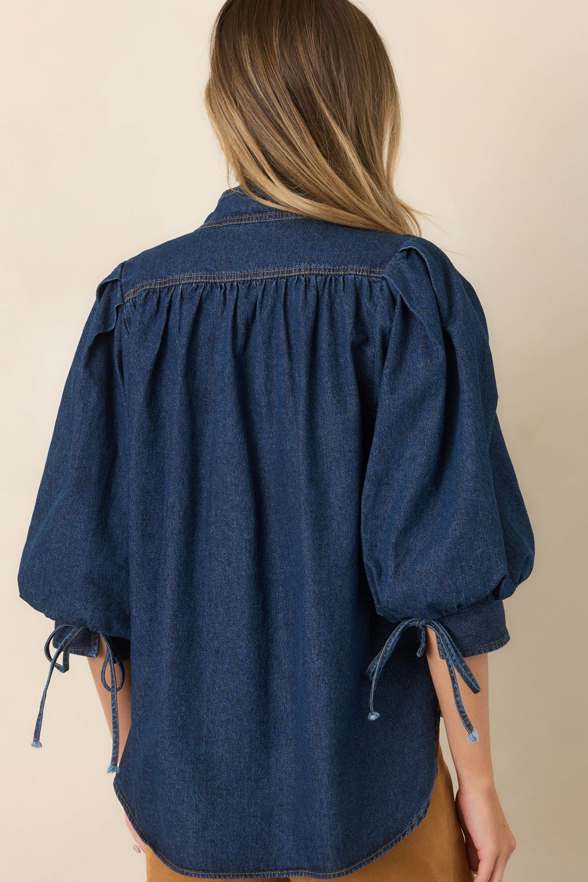 Koyu Mavi Balon Kollu Denim Bluz