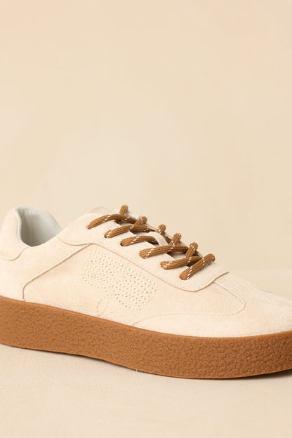 Bej Süet Görünümlü Nakışlı Bağcıklı Sneaker