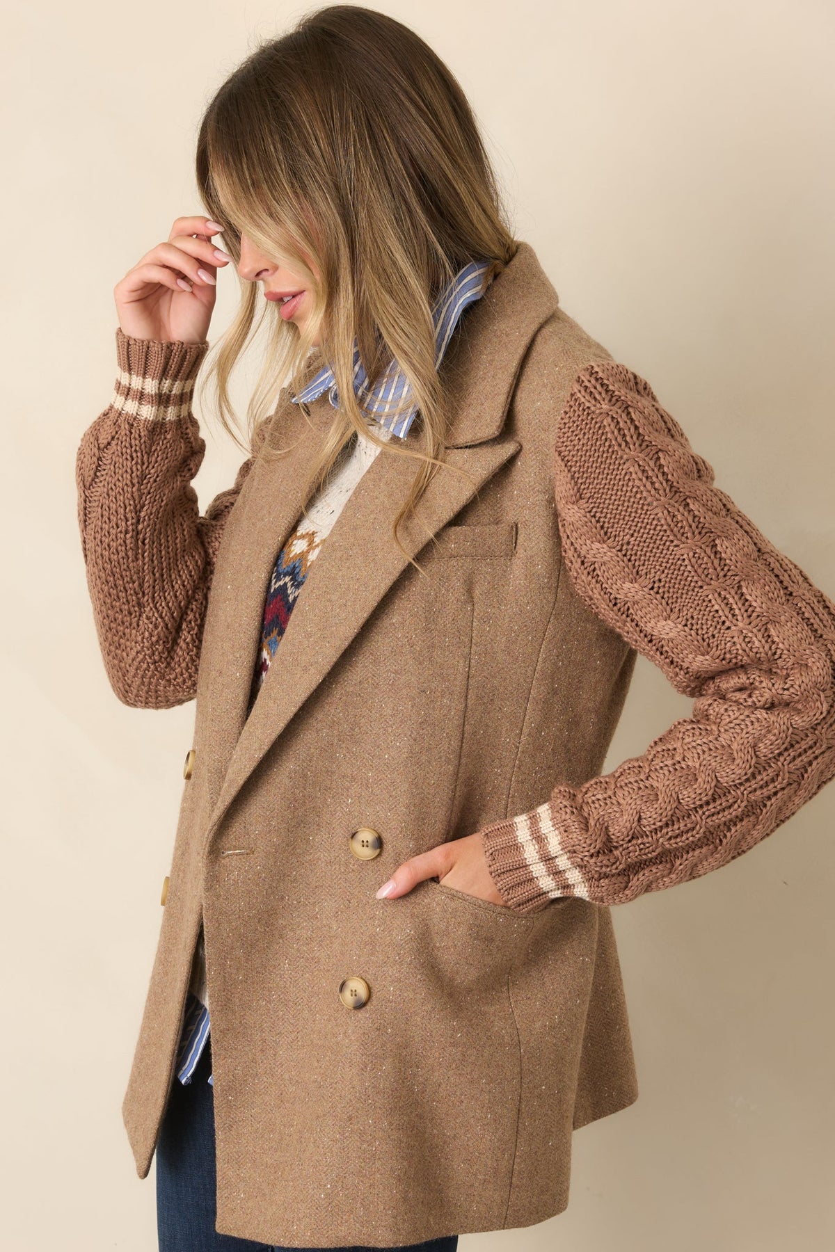 Camel Triko Kollu Yün Karışımlı Blazer