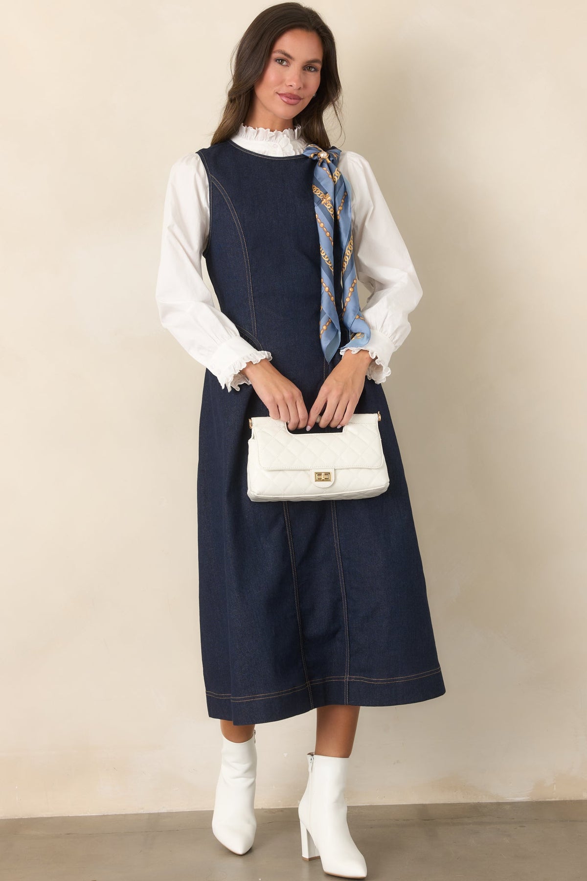 Koyu Mavi Kolsuz Denim Midi Elbise