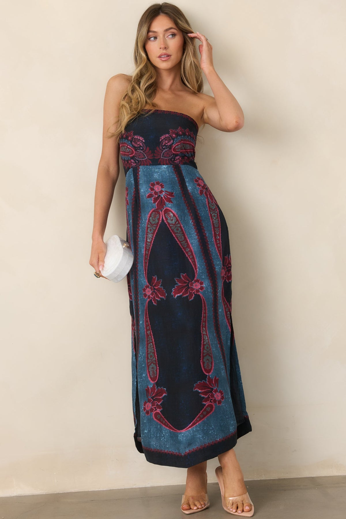 Lacivert Bordo Desenli Straplez Midi Elbise