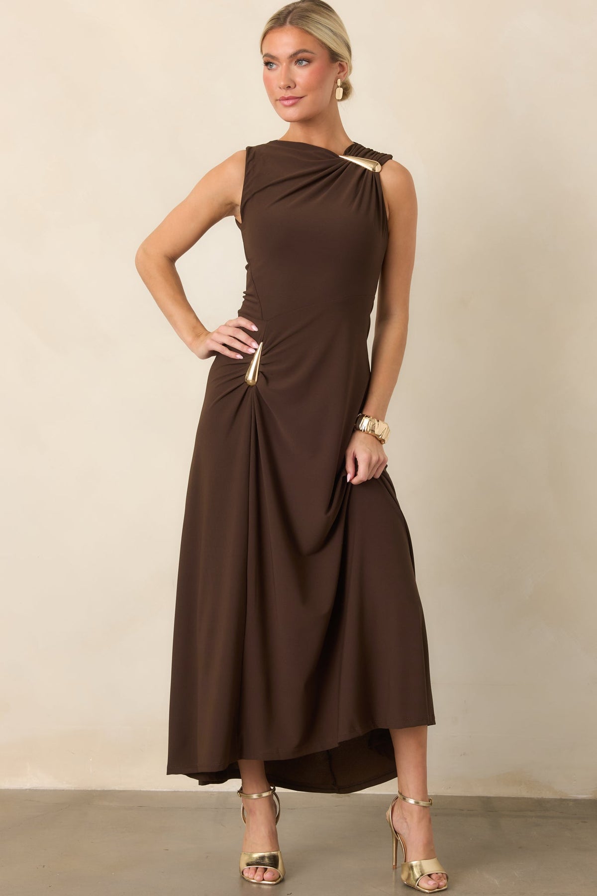 Çikolata Kahve Drape Detaylı Maksi Elbise