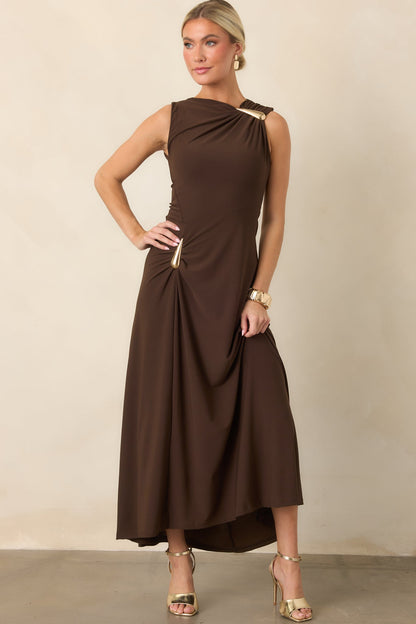 Çikolata Kahve Drape Detaylı Maksi Elbise