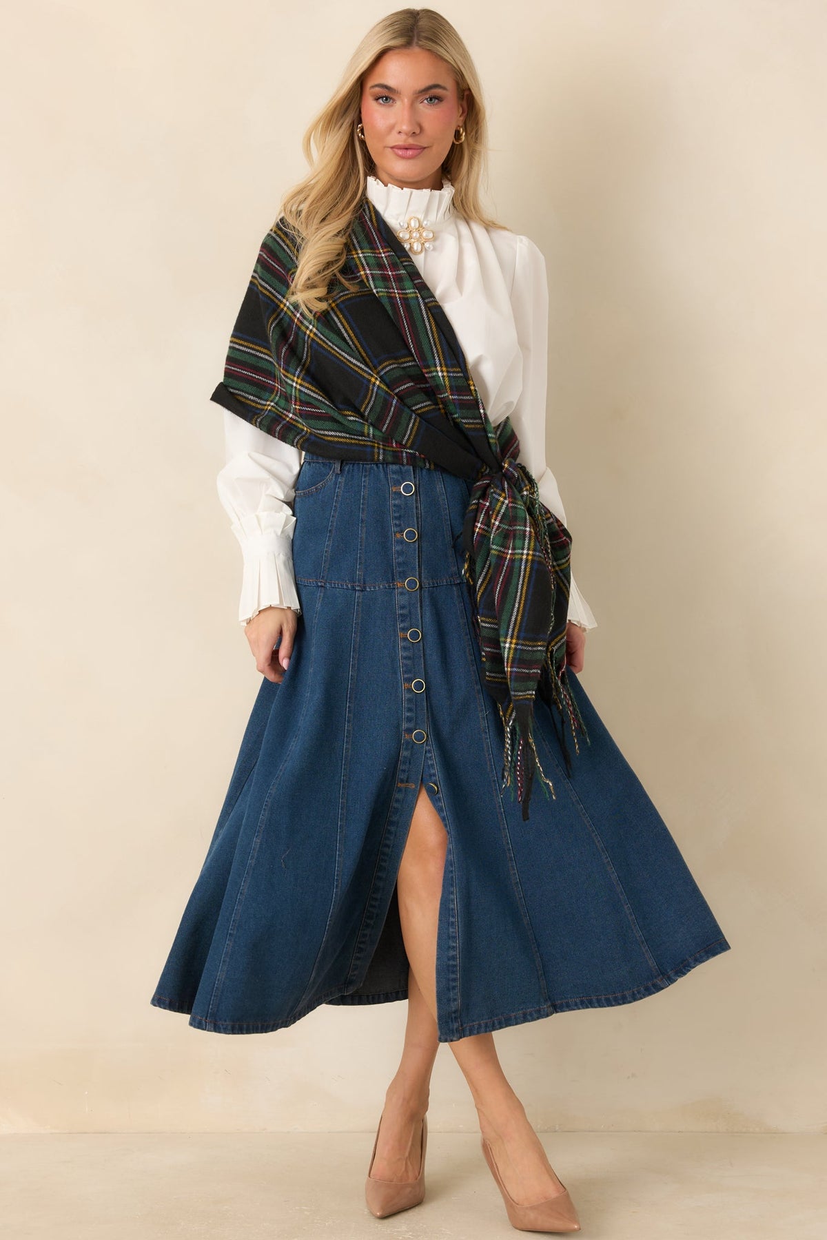Koyu Mavi Önden Düğmeli Denim Midi Etek