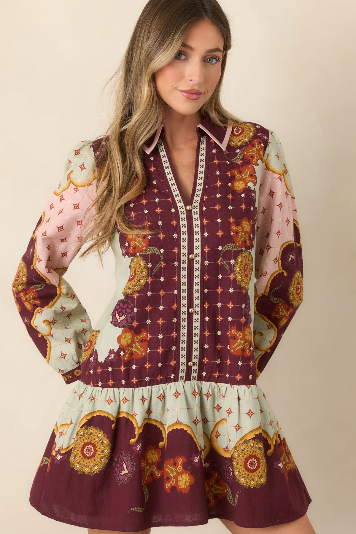 Bordo Adaçayı Çiçek Desenli Mini Elbise
