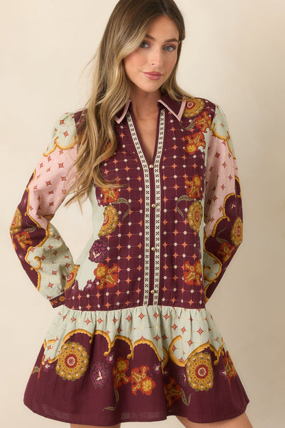 Bordo Adaçayı Çiçek Desenli Mini Elbise