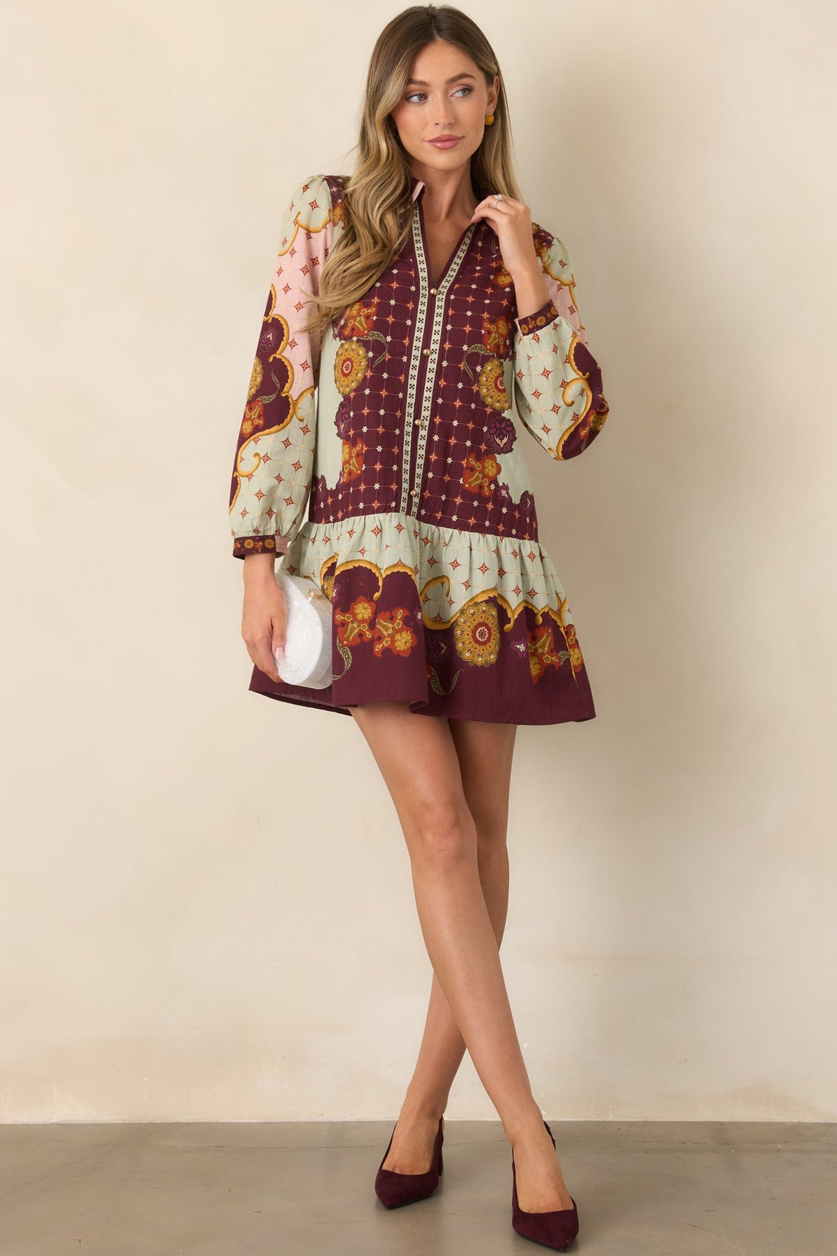 Bordo Adaçayı Çiçek Desenli Mini Elbise