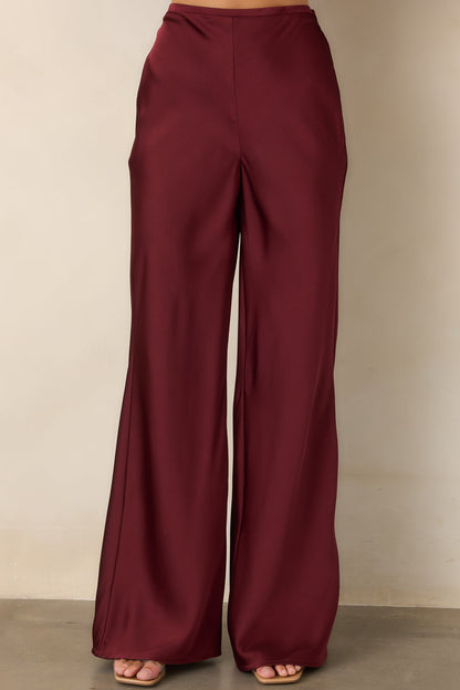 Bordo Saten Yüksek Bel Bol Paça Pantolon