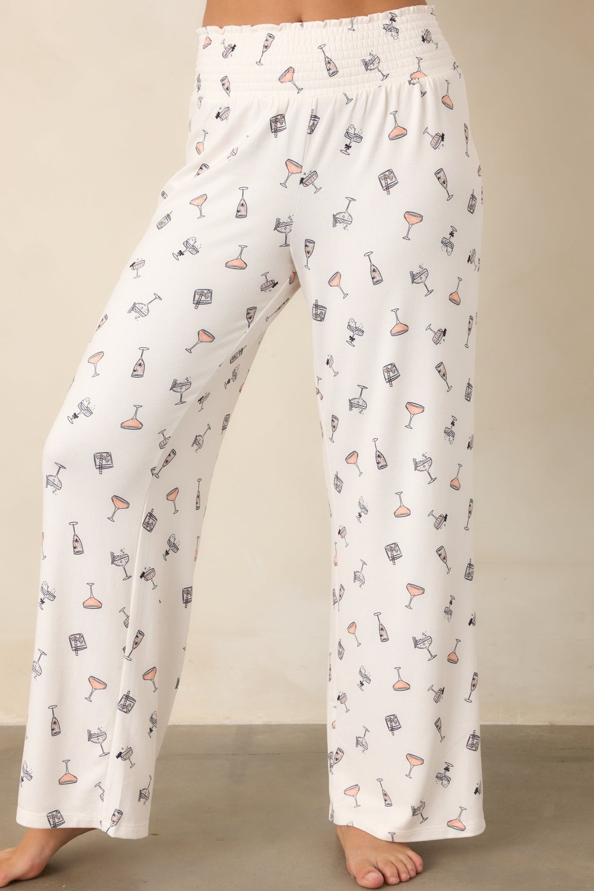 Ekru Kokteyl Desenli Bol Paça Pijama Altı