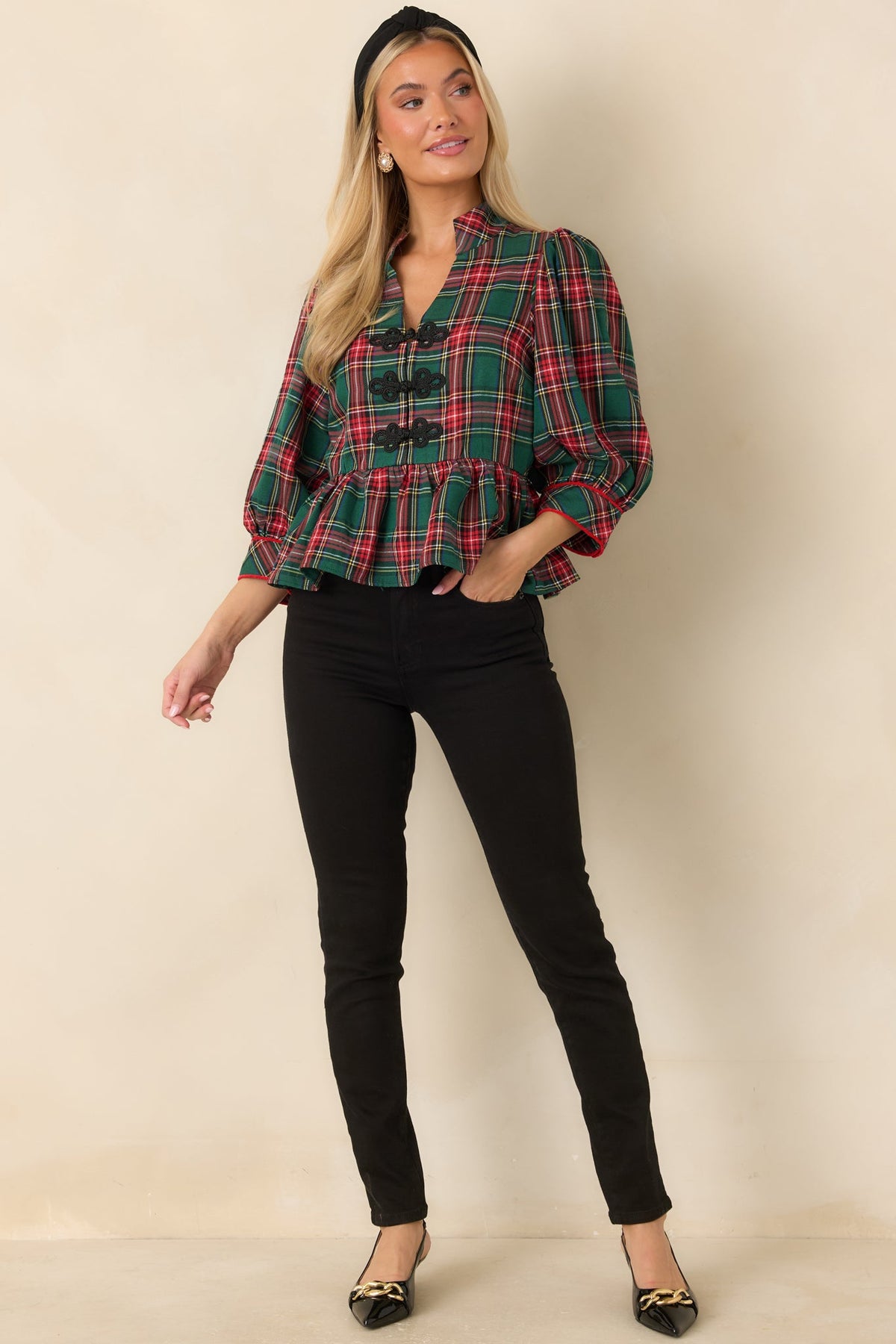 Yeşil Ekoseli Peplum Detaylı Bluz