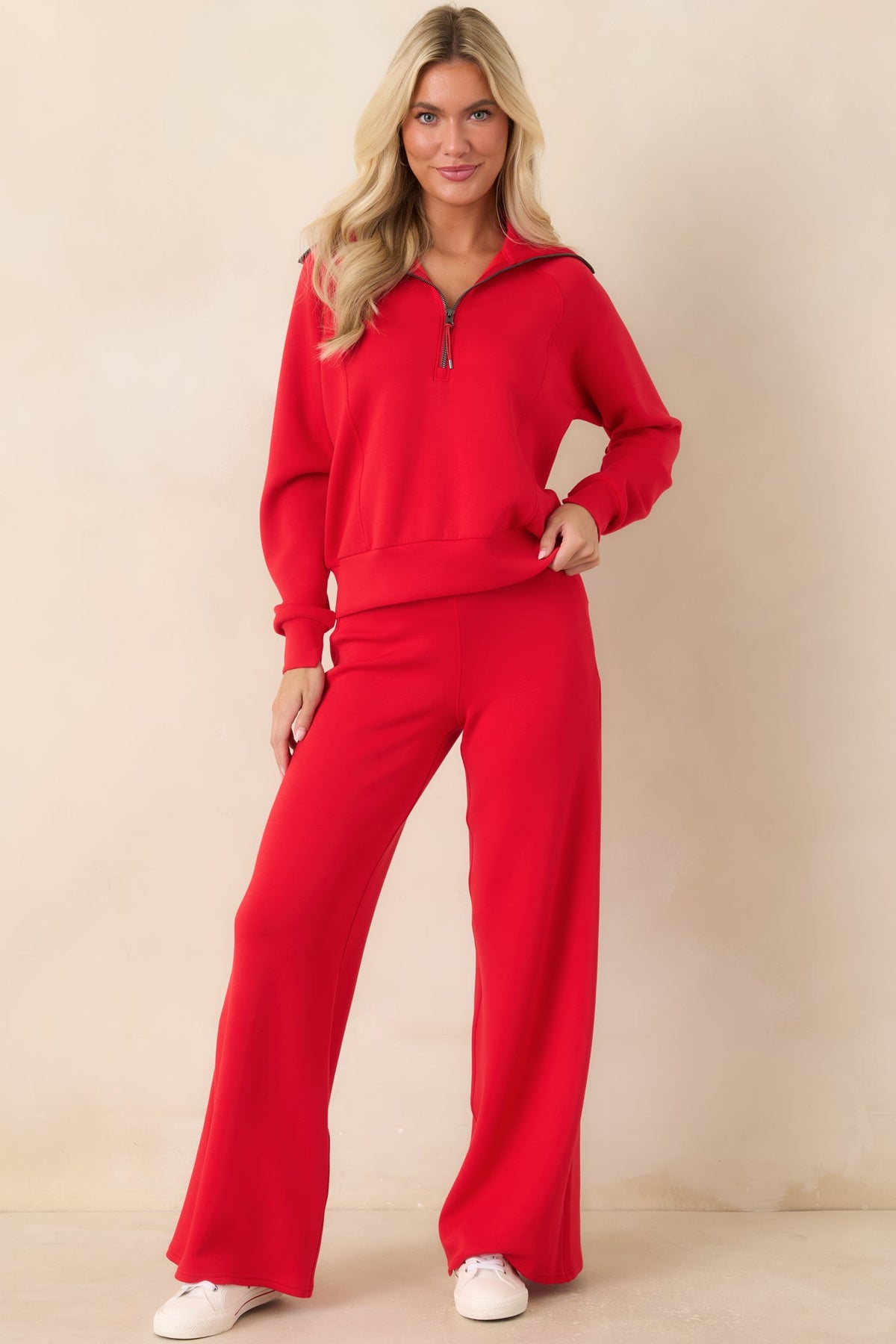 Kırmızı Yarım Fermuarlı Rahat Kesim Sweatshirt