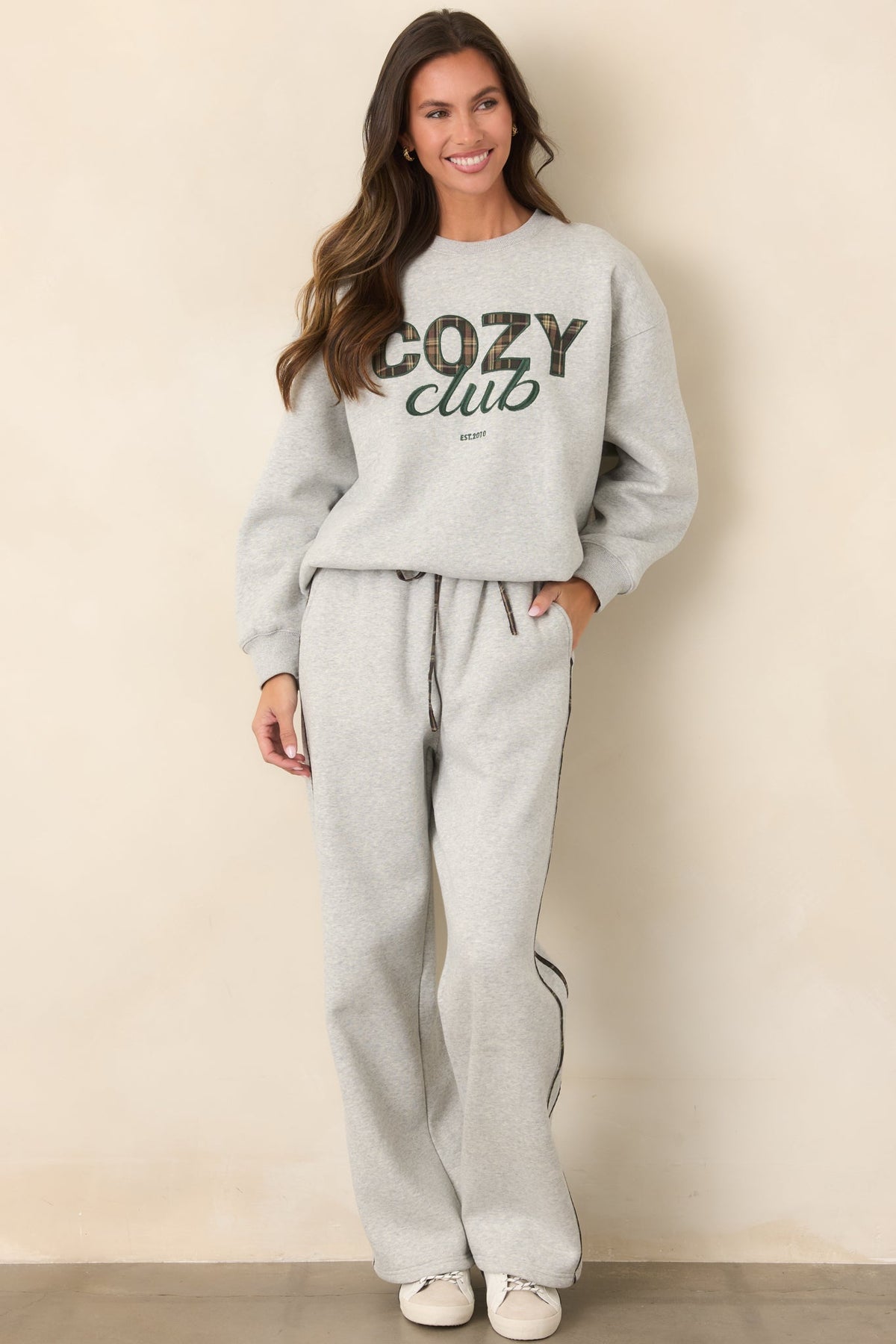 Cozy Club Kırçıllı Gri Ekose Şeritli Eşofman