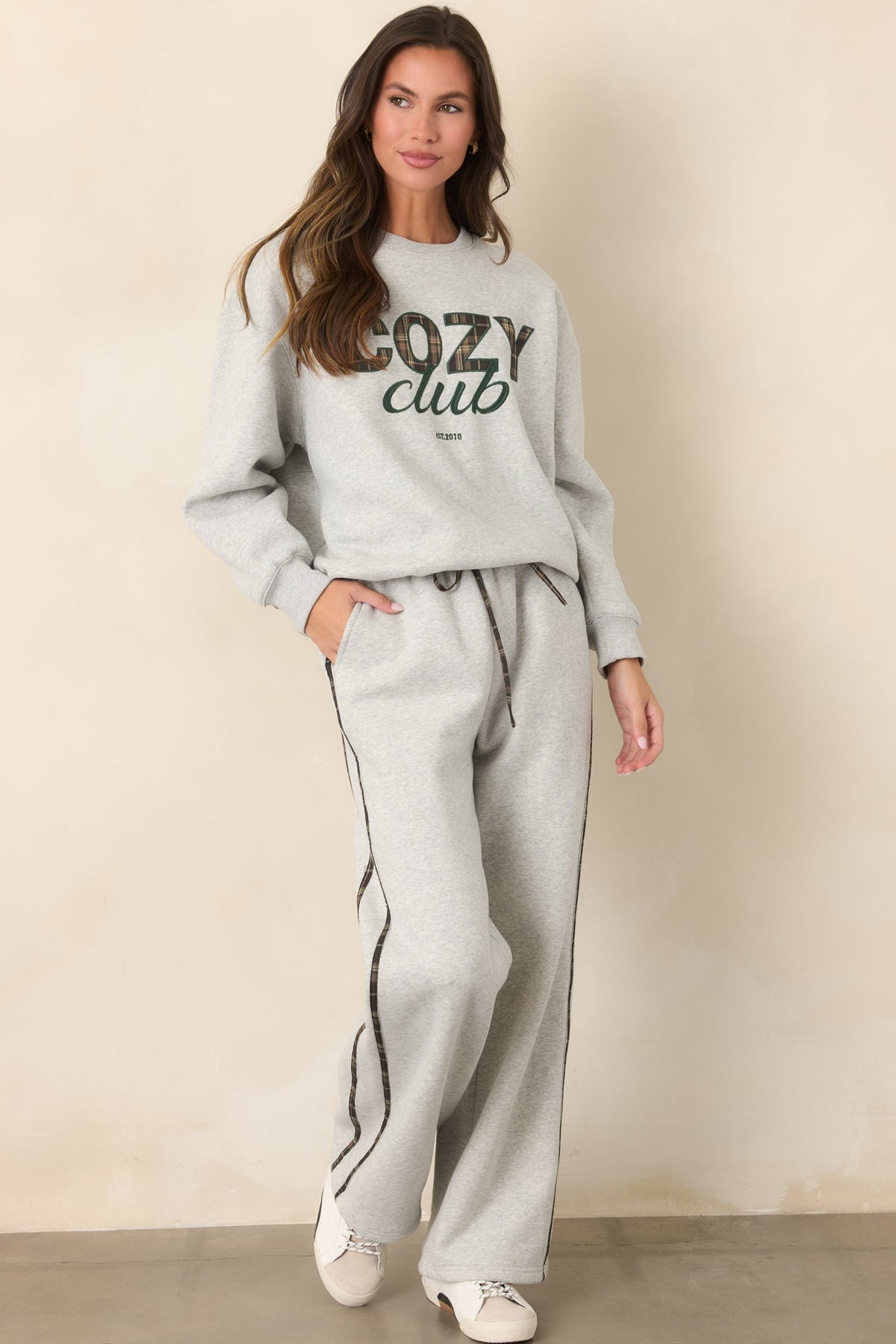 Cozy Club Kırçıllı Gri Ekose Şeritli Eşofman