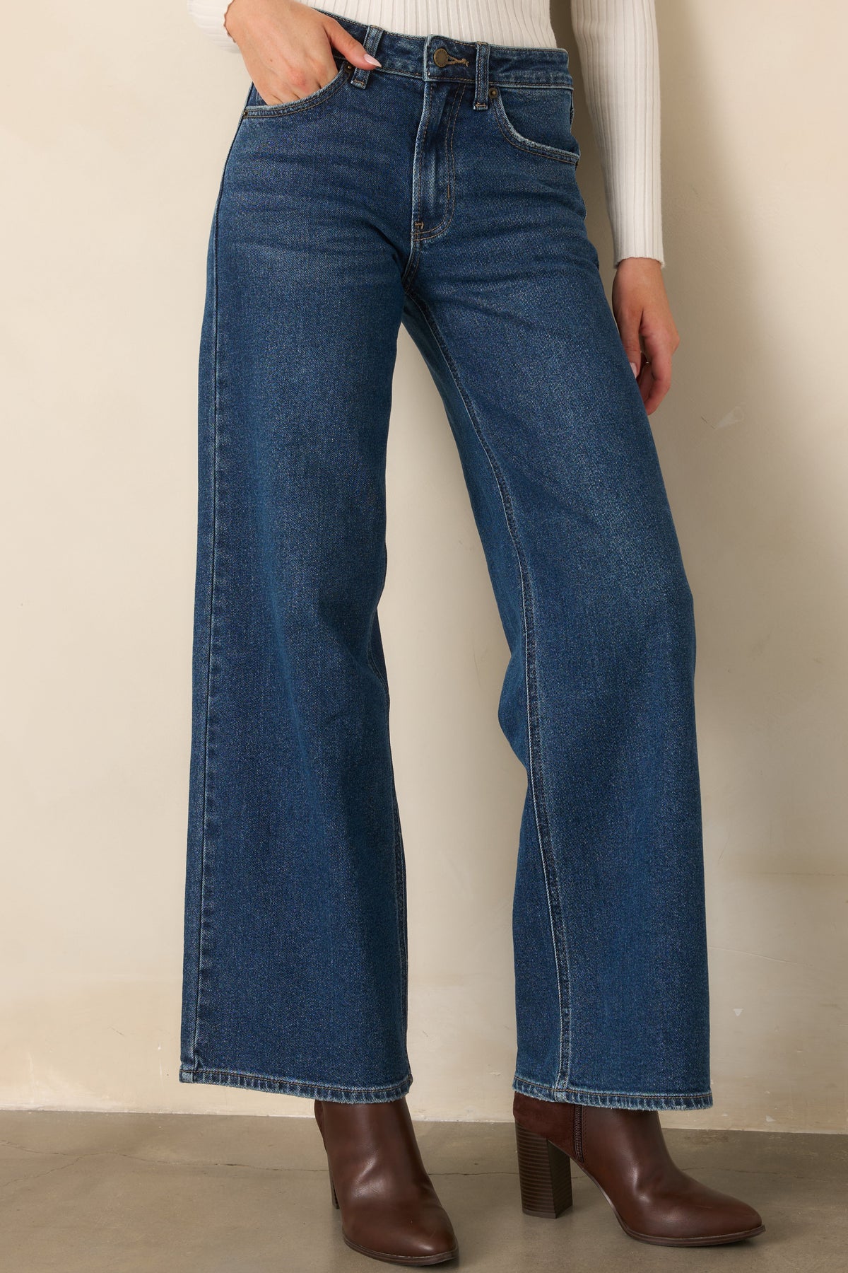 Koyu Mavi Yüksek Bel Bol Paça Denim Jean