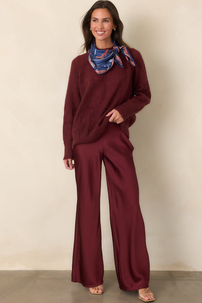 Bordo Saten Yüksek Bel Bol Paça Pantolon