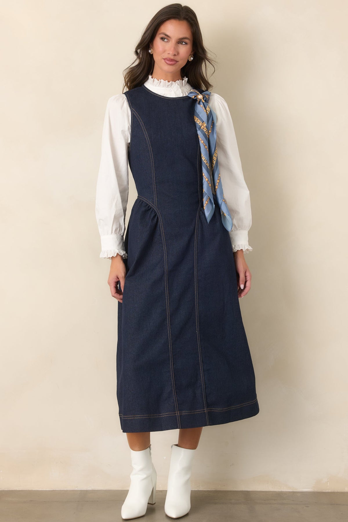 Koyu Mavi Kolsuz Denim Midi Elbise