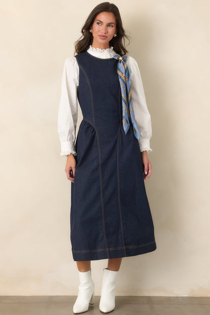 Koyu Mavi Kolsuz Denim Midi Elbise