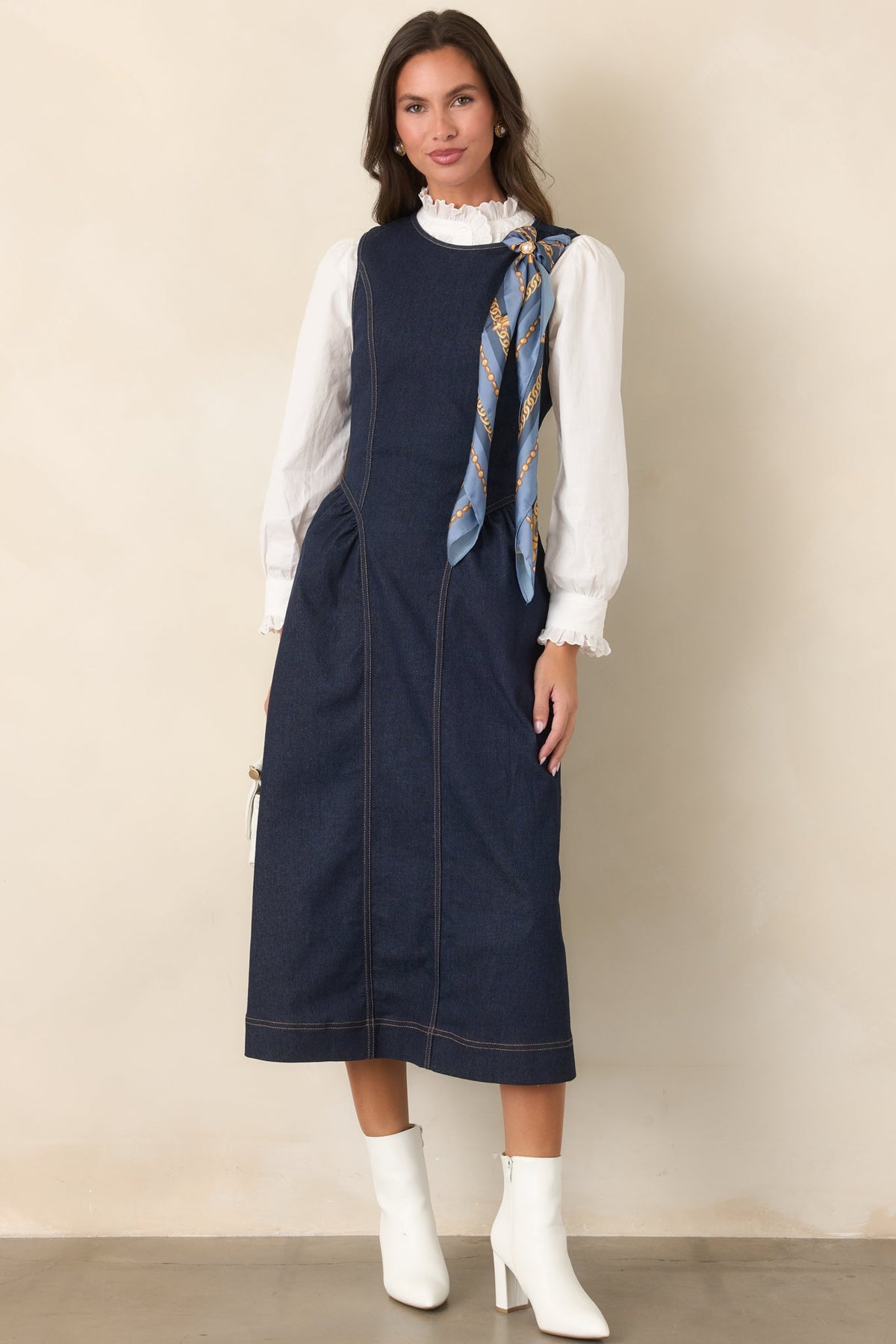 Koyu Mavi Kolsuz Denim Midi Elbise
