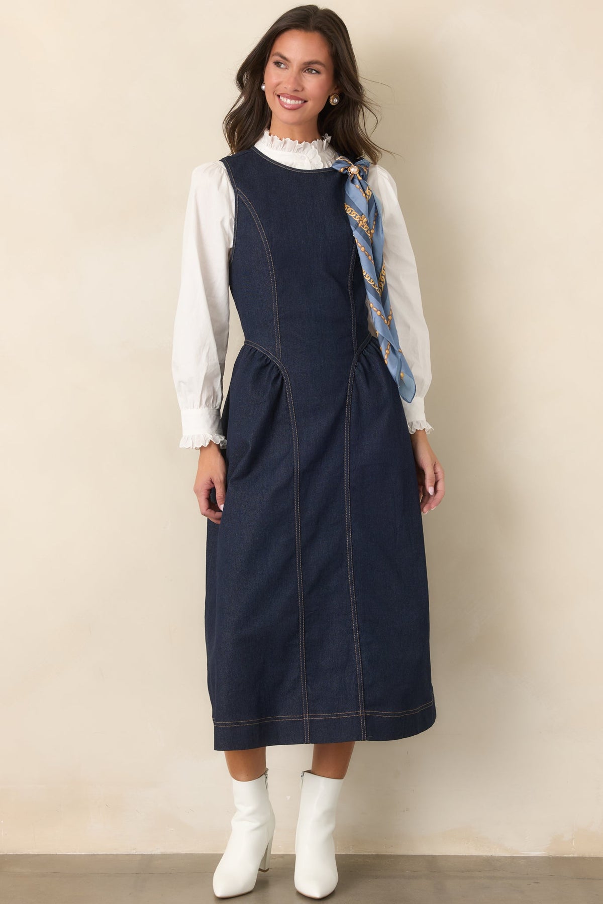 Koyu Mavi Kolsuz Denim Midi Elbise