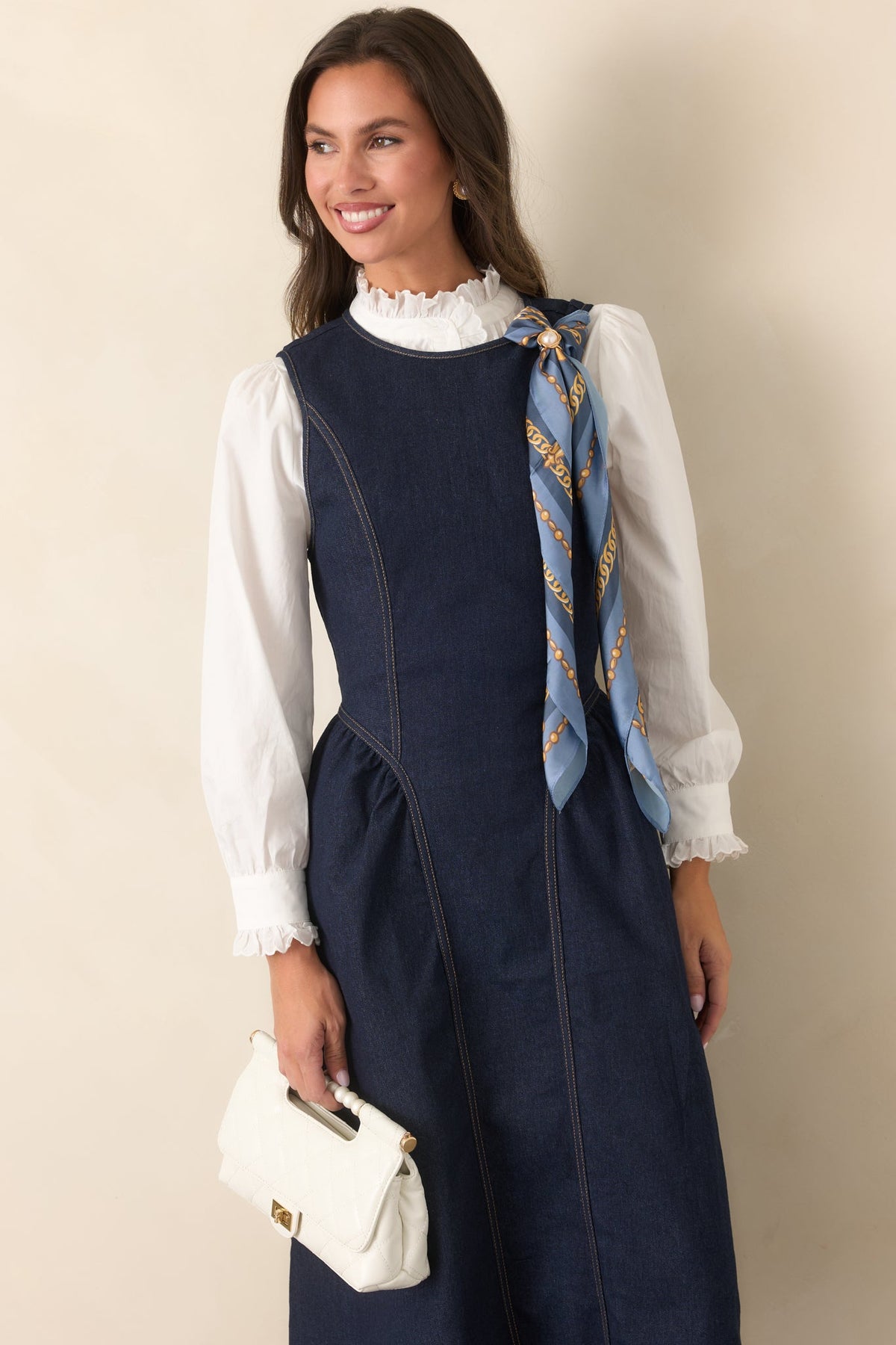 Koyu Mavi Kolsuz Denim Midi Elbise
