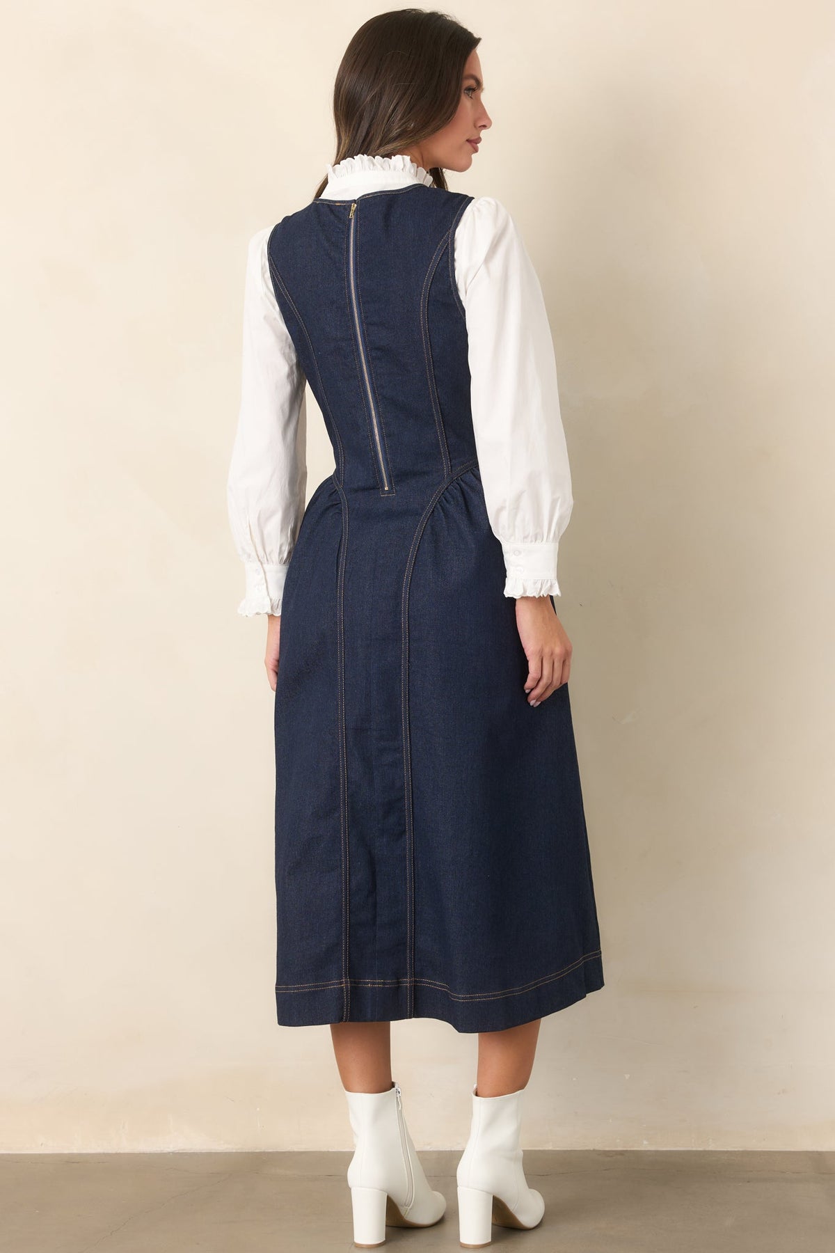 Koyu Mavi Kolsuz Denim Midi Elbise