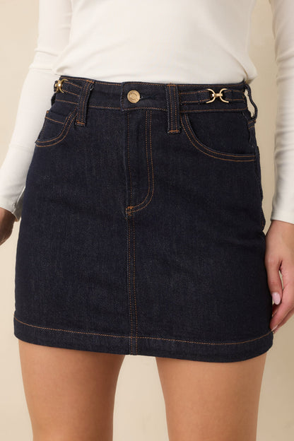 Gece Mavisi Gold Detaylı Denim Mini Etek
