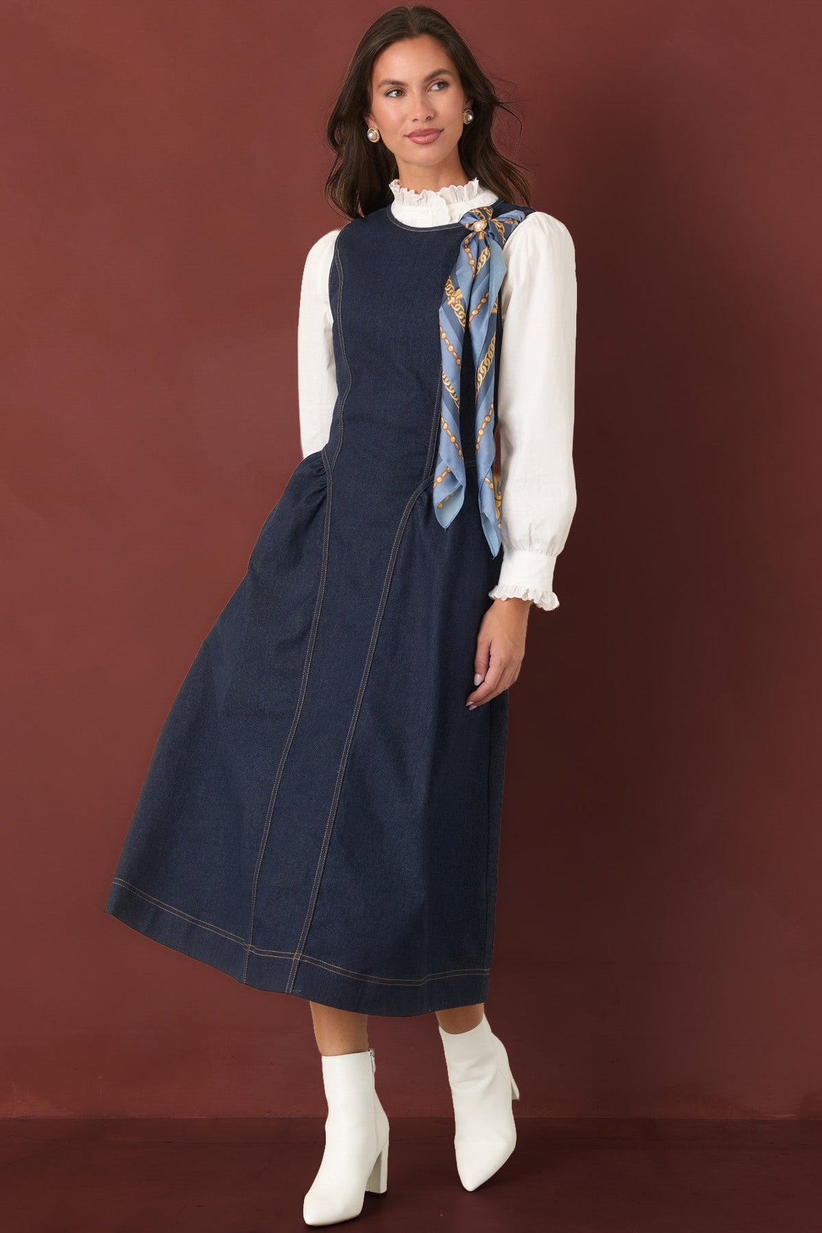 Koyu Mavi Kolsuz Denim Midi Elbise