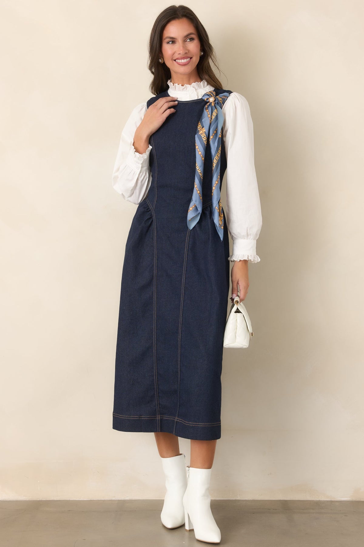 Koyu Mavi Kolsuz Denim Midi Elbise