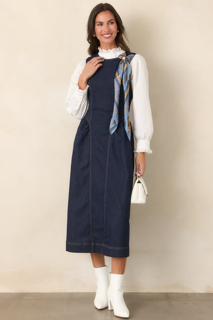 Koyu Mavi Kolsuz Denim Midi Elbise