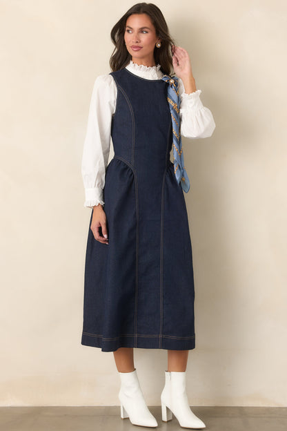 Koyu Mavi Kolsuz Denim Midi Elbise