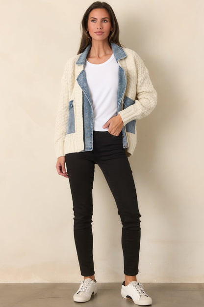 Ekru Triko Denim Detaylı Çıtçıtlı Ceket