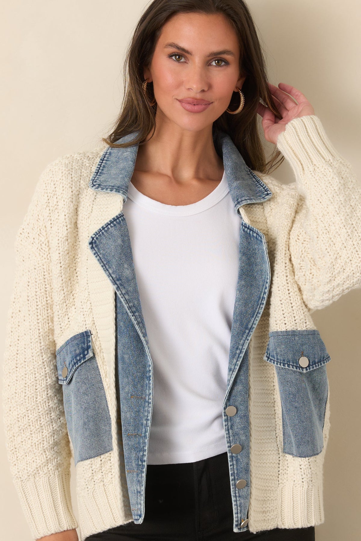 Ekru Triko Denim Detaylı Çıtçıtlı Ceket