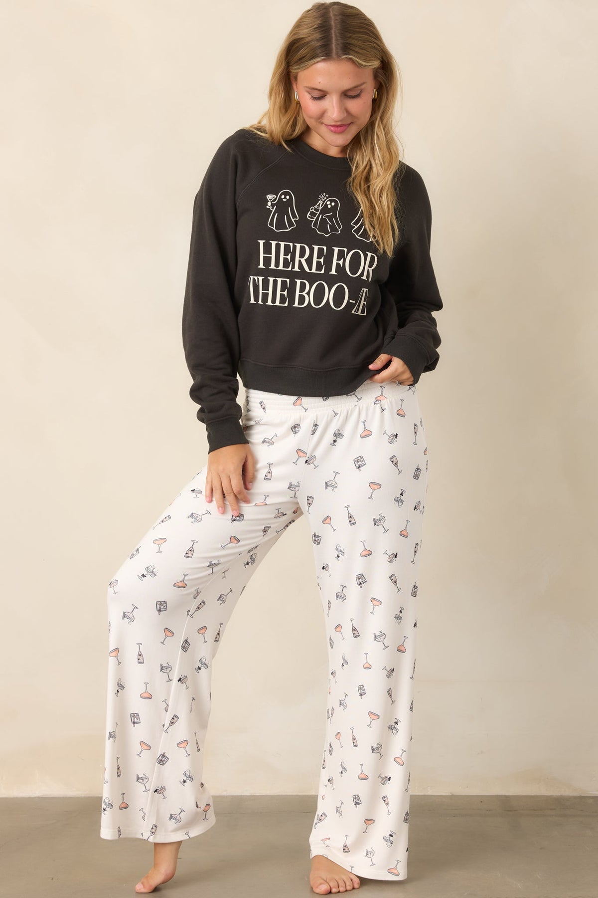 Ekru Kokteyl Desenli Bol Paça Pijama Altı