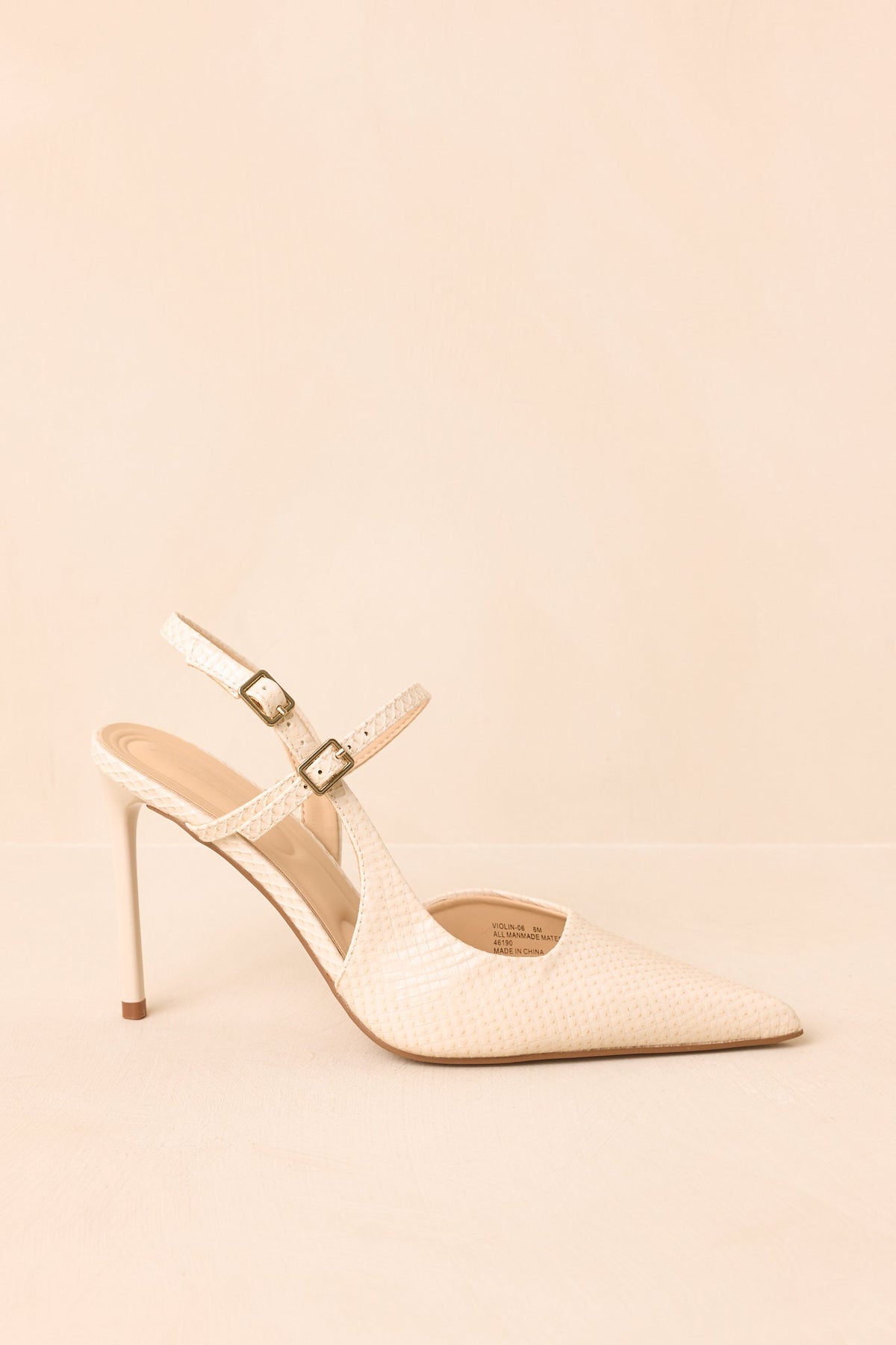 Ekru Yılan Derisi Desenli Çift Tokalı Slingback