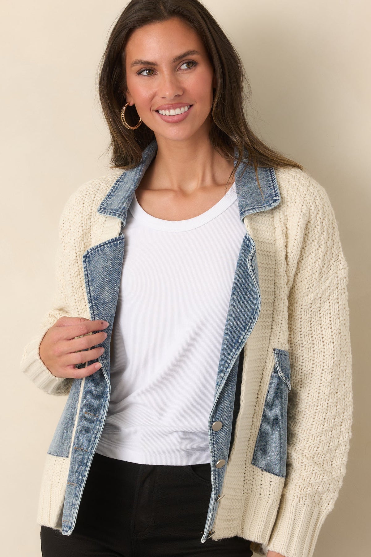 Ekru Triko Denim Detaylı Çıtçıtlı Ceket