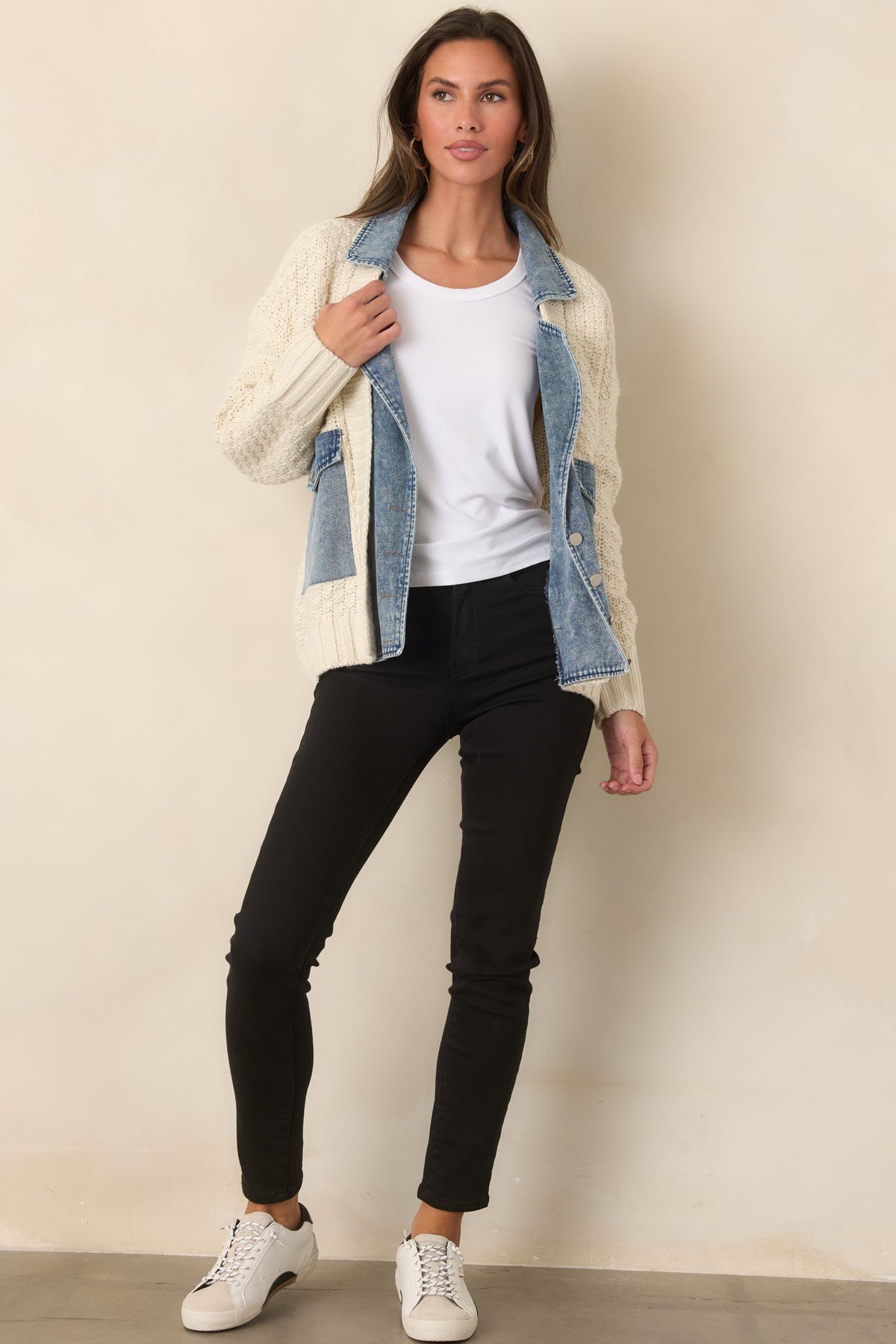 Ekru Triko Denim Detaylı Çıtçıtlı Ceket