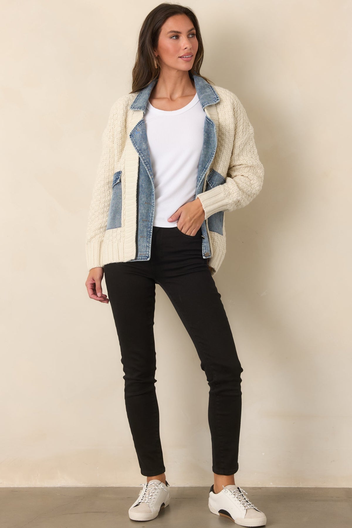 Ekru Triko Denim Detaylı Çıtçıtlı Ceket