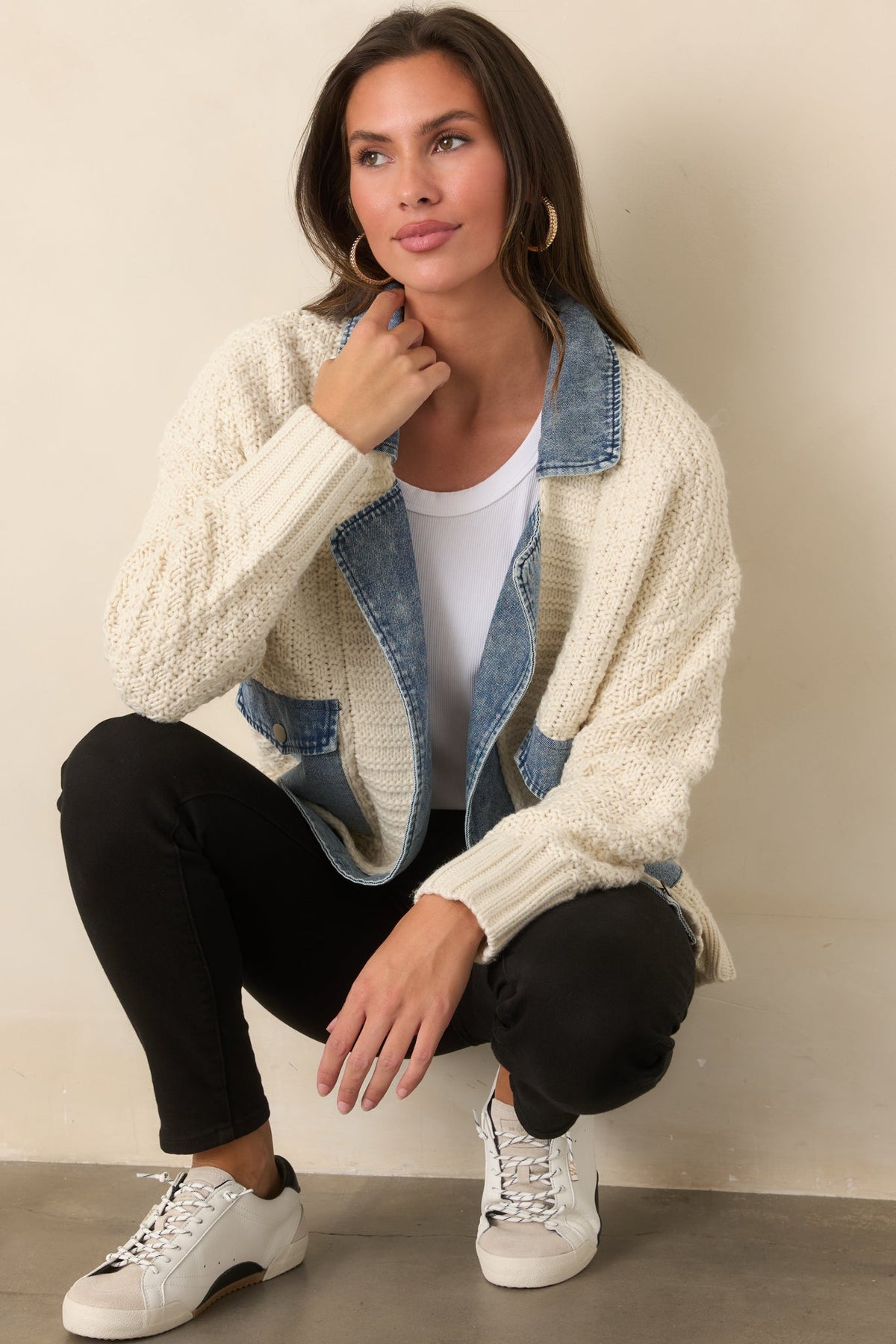 Ekru Triko Denim Detaylı Çıtçıtlı Ceket