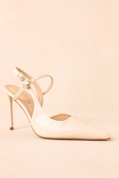 Ekru Yılan Derisi Desenli Çift Tokalı Slingback