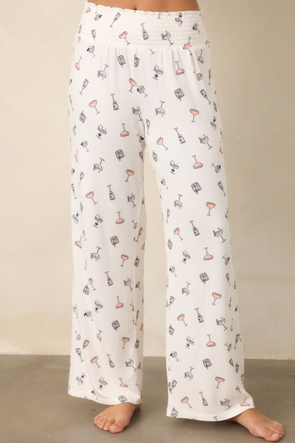 Ekru Kokteyl Desenli Bol Paça Pijama Altı