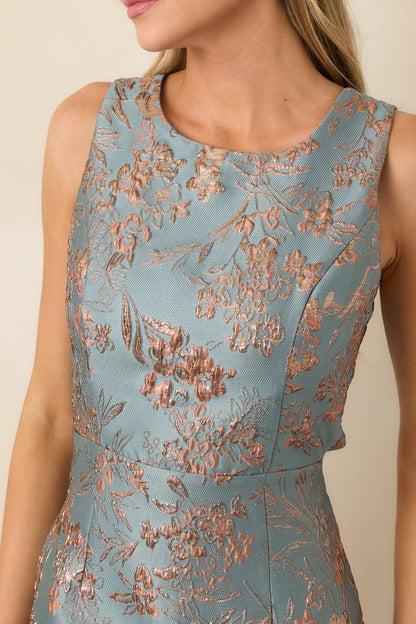 Toz Mavi Rose Gold Çiçek Jakarlı Mini Elbise