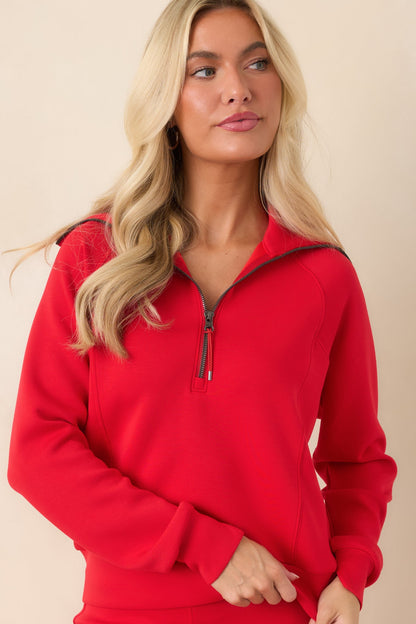 Kırmızı Yarım Fermuarlı Rahat Kesim Sweatshirt